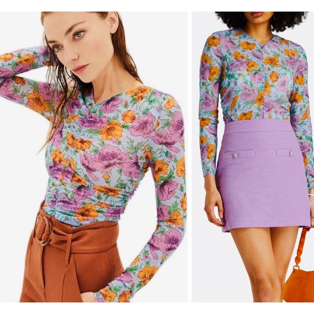 NWOT Veronica Beard Size 8 Myrna Ruched floral-print tulle top